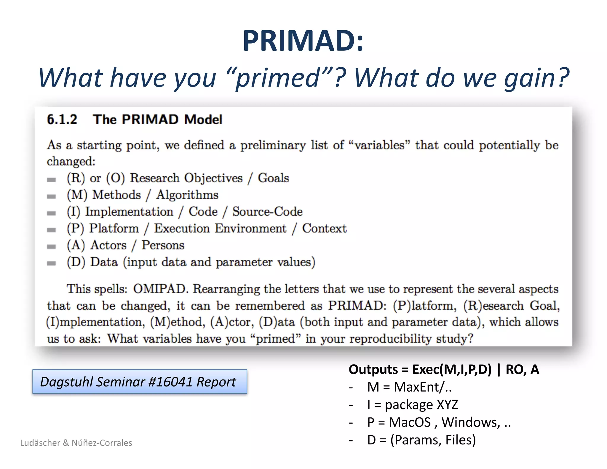 PRIMAD:	
What	have	you	“primed”?	What	do	we	gain?
Ludäscher	&	Núñez-Corrales
Dagstuhl Seminar	#16041	Report	
Outputs	=	Exec(M,I,P,D)	|	RO,	A
- M	=	MaxEnt/..
- I	=	package	XYZ
- P	=	MacOS ,	Windows,	..	
- D	=	(Params,	Files)
 