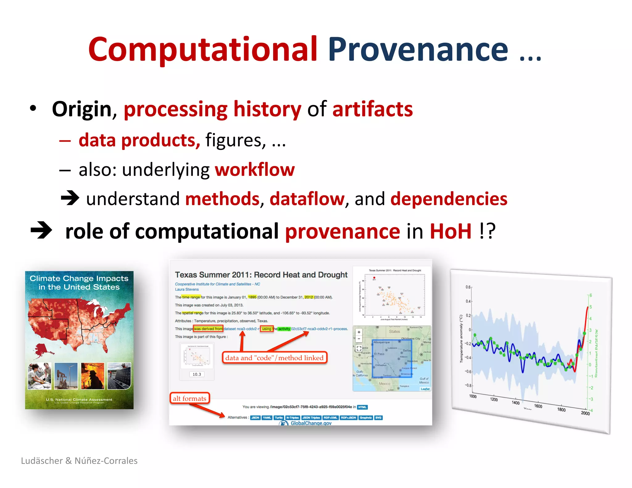Computational Provenance …
• Origin,	processing	history	of	artifacts
– data	products,	figures,	...
– also:	underlying	workflow
è understand	methods,	dataflow,	and	dependencies
è role	of	computational	provenance in	HoH !?
Ludäscher	&	Núñez-Corrales
Climate Change Impacts
in the United States
U.S. National Climate Assessment
U.S. Global Change Research Program
 