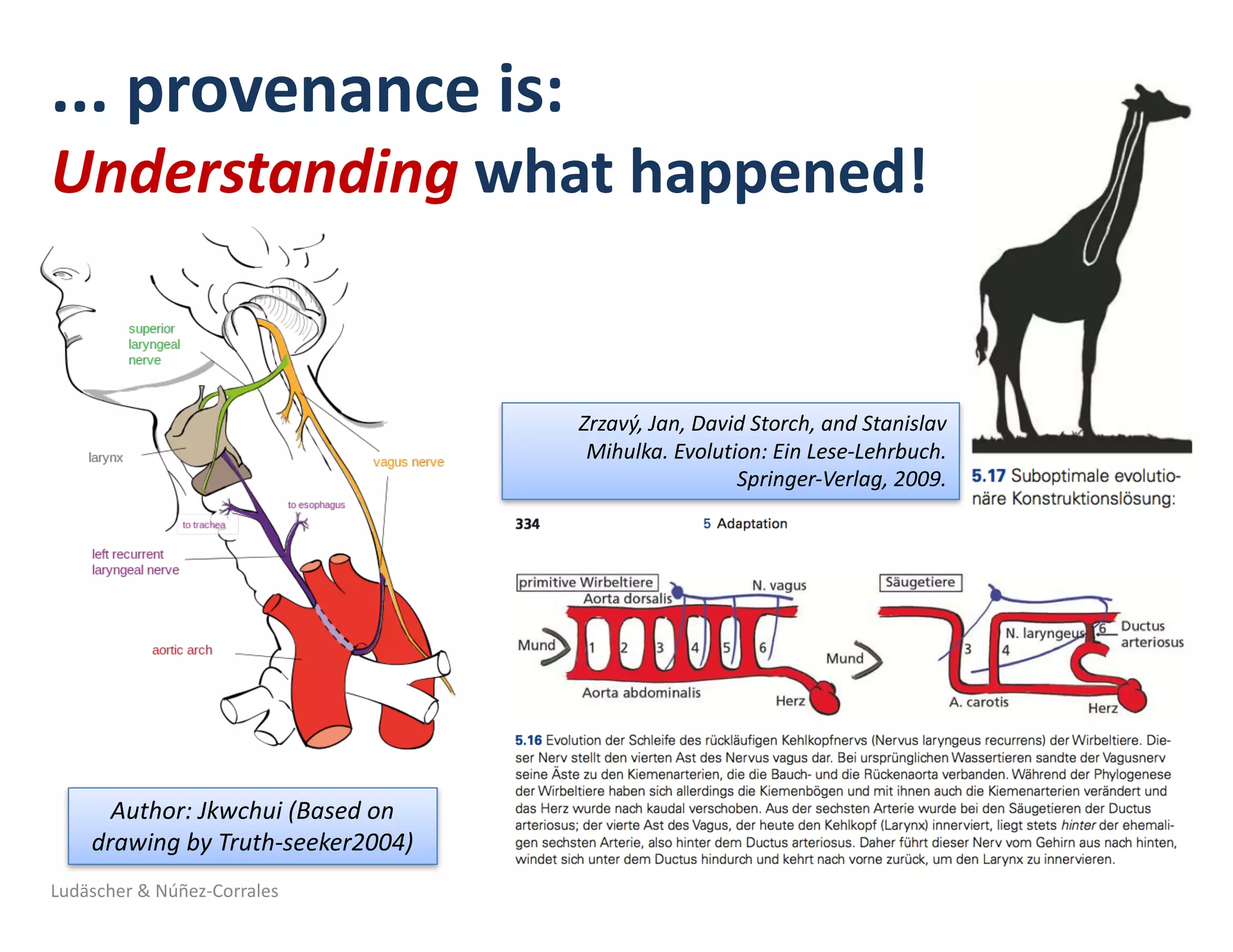 ...	provenance	is:	
Understanding what	happened!
Zrzavý,	Jan,	David	Storch,	and Stanislav	
Mihulka.	Evolution:	Ein	Lese-Lehrbuch.	
Springer-Verlag,	2009.
Author:	Jkwchui (Based	on	
drawing	by	Truth-seeker2004)
Ludäscher	&	Núñez-Corrales
 