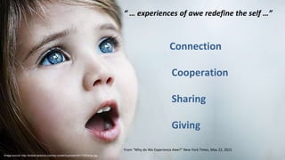 “ … experiences of awe redefine the self …”
Connection
Cooperation
Sharing
Giving
From “Why do We Experience Awe?” New York Times, May 22, 2015
Image source: http://ambercantorna.com/wp-content/uploads/2017/05/large.jpg
 