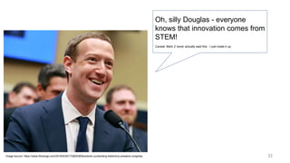 32
Oh, silly Douglas - everyone
knows that innovation comes from
STEM!
Caveat: Mark Z never actually said this - I just made it up.
Image source: https://www.theverge.com/2018/4/25/17282538/facebook-zuckerberg-testimony-answers-congress
 