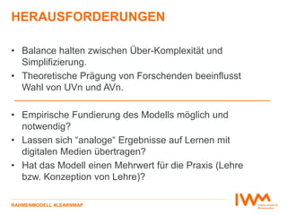 HERAUSFORDERUNGEN
• Balance halten zwischen Über-Komplexität und
Simplifizierung.
• Theoretische Prägung von Forschenden beeinflusst
Wahl von UVn und AVn.
• Empirische Fundierung des Modells möglich und
notwendig?
• Lassen sich “analoge“ Ergebnisse auf Lernen mit
digitalen Medien übertragen?
• Hat das Modell einen Mehrwert für die Praxis (Lehre
bzw. Konzeption von Lehre)?
RAHMENMODELL #LEARNMAP
 