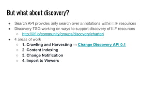 But what about discovery?
● Search API provides only search over annotations within IIIF resources
● Discovery TSG working on ways to support discovery of IIIF resources
○ http://iiif.io/community/groups/discovery/charter/
● 4 areas of work
○ 1. Crawling and Harvesting → Change Discovery API 0.1
○ 2. Content Indexing
○ 3. Change Notification
○ 4. Import to Viewers
 