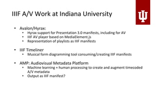 IIIF A/V Work at Indiana University
• Avalon/Hyrax:
• Hyrax support for Presentation 3.0 manifests, including for AV
• IIIF AV player based on MediaElement.js
• Representation of playlists as IIIF manifests
• IIIF Timeliner
• Musical form diagramming tool consuming/creating IIIF manifests
• AMP: Audiovisual Metadata Platform
• Machine learning + human processing to create and augment timecoded
A/V metadata
• Output as IIIF manifest?
 