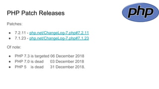 PHP Patch Releases
Patches:
● 7.2.11 - php.net/ChangeLog-7.php#7.2.11
● 7.1.23 - php.net/ChangeLog-7.php#7.1.23
Of note:
● PHP 7.3 is targeted 06 December 2018
● PHP 7.0 is dead 03 December 2018
● PHP 5 is dead 31 December 2018.
 