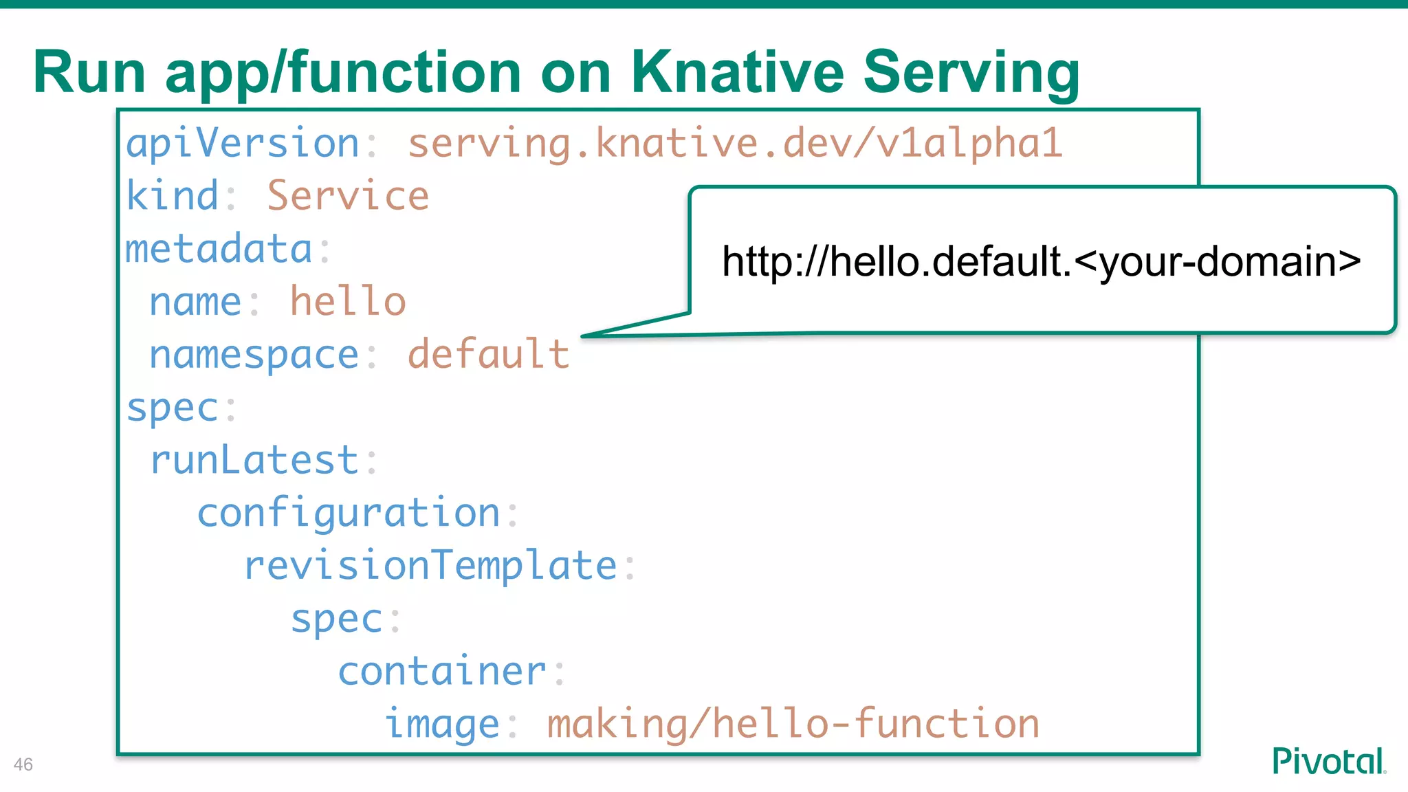 Run app/function on Knative Serving
!46
apiVersion: serving.knative.dev/v1alpha1
kind: Service
metadata:
name: hello
namespace: default
spec:
runLatest:
configuration:
revisionTemplate:
spec:
container:
image: making/hello-function
http://hello.default.<your-domain>
 