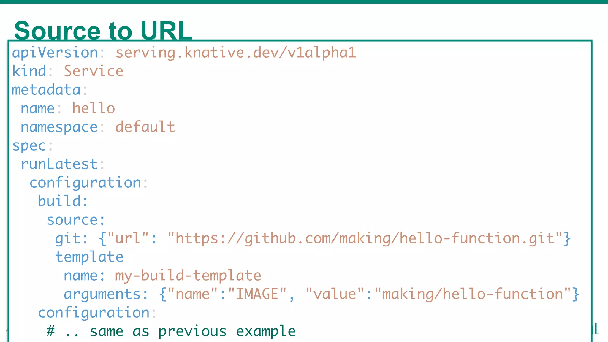 Source to URL
!49
apiVersion: serving.knative.dev/v1alpha1
kind: Service
metadata:
name: hello
namespace: default
spec:
runLatest:
configuration:
build:
source:
git: {"url": "https://github.com/making/hello-function.git"}
template
name: my-build-template
arguments: {"name":"IMAGE", "value":"making/hello-function"}
configuration:
# .. same as previous example
 