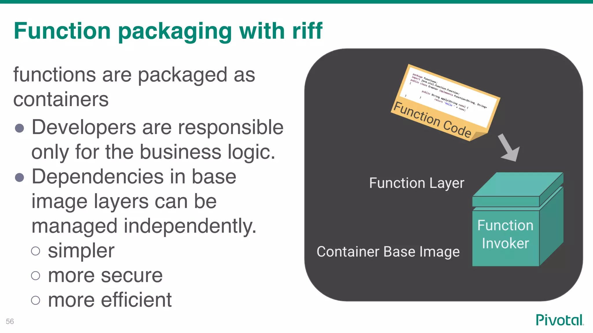 Function packaging with riff
!56
functions are packaged as
containers
! Developers are responsible
only for the business logic.
! Dependencies in base
image layers can be
managed independently.
○ simpler
○ more secure
○ more efficient
 