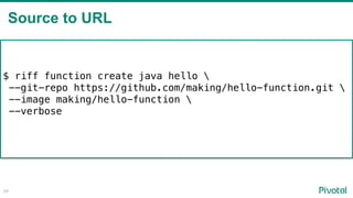 Source to URL
!59
$ riff function create java hello 
--git-repo https://github.com/making/hello-function.git 
--image maki...