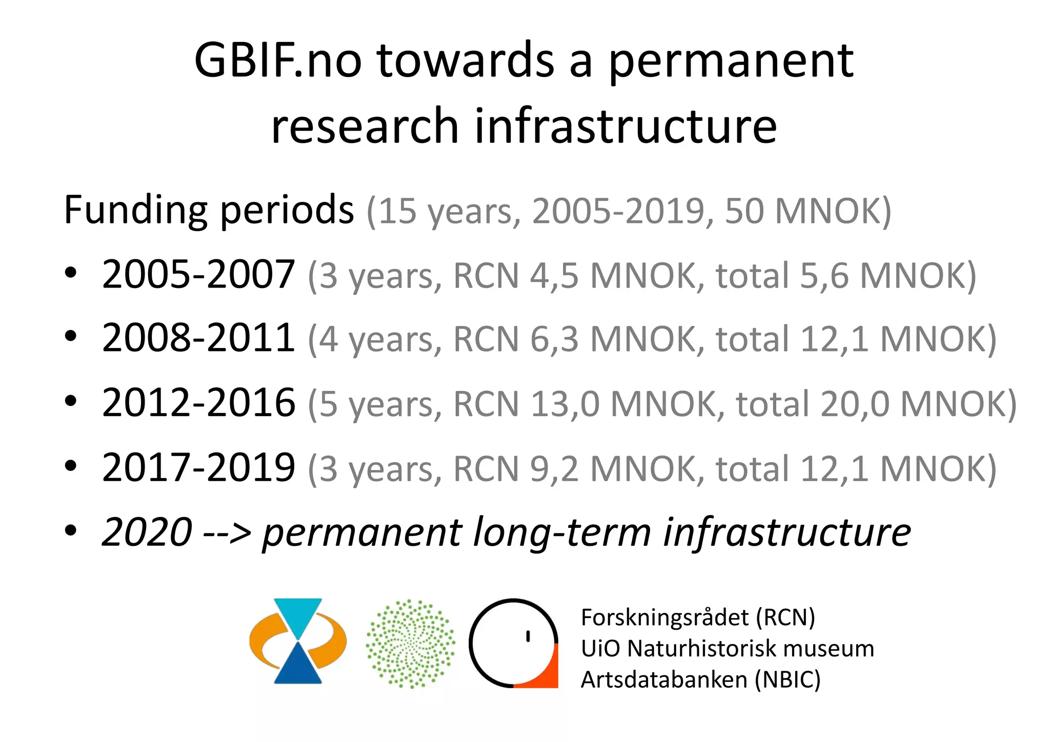 GBIF.no towards a permanent
research infrastructure
Funding periods (15 years, 2005-2019, 50 MNOK)
• 2005-2007 (3 years, RCN 4,5 MNOK, total 5,6 MNOK)
• 2008-2011 (4 years, RCN 6,3 MNOK, total 12,1 MNOK)
• 2012-2016 (5 years, RCN 13,0 MNOK, total 20,0 MNOK)
• 2017-2019 (3 years, RCN 9,2 MNOK, total 12,1 MNOK)
• 2020 --> permanent long-term infrastructure
Forskningsrådet (RCN)
UiO Naturhistorisk museum
Artsdatabanken (NBIC)
 