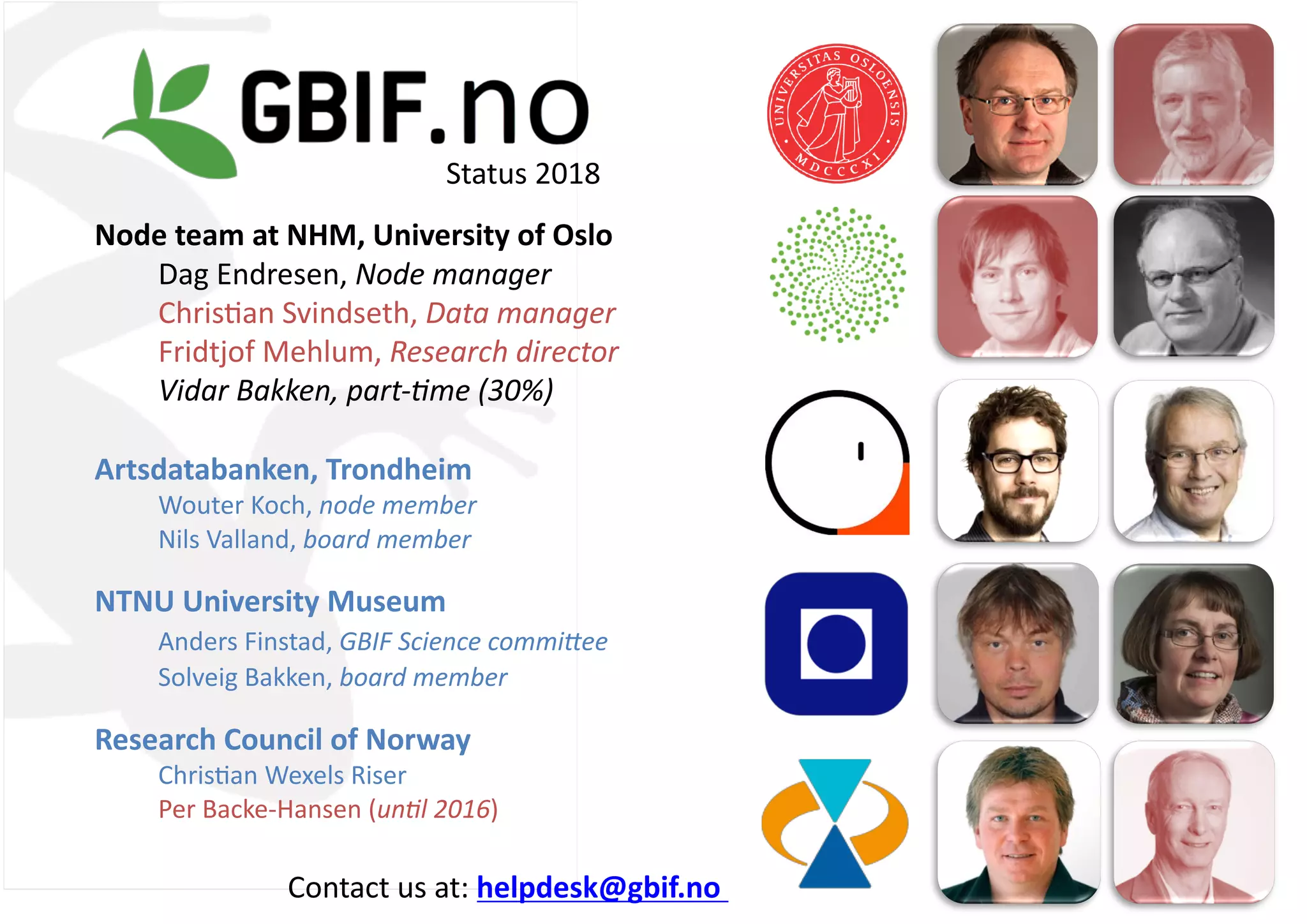 Node team at NHM, University of Oslo
Dag Endresen, Node manager
Chris/an Svindseth, Data manager
Fridtjof Mehlum, Research director
Vidar Bakken, part-8me (30%)
Artsdatabanken, Trondheim
Wouter Koch, node member
Nils Valland, board member
NTNU University Museum
Anders Finstad, GBIF Science commiCee
Solveig Bakken, board member
Research Council of Norway
Chris/an Wexels Riser
Per Backe-Hansen (un8l 2016)
Contact us at: helpdesk@gbif.no
Status 2018
 