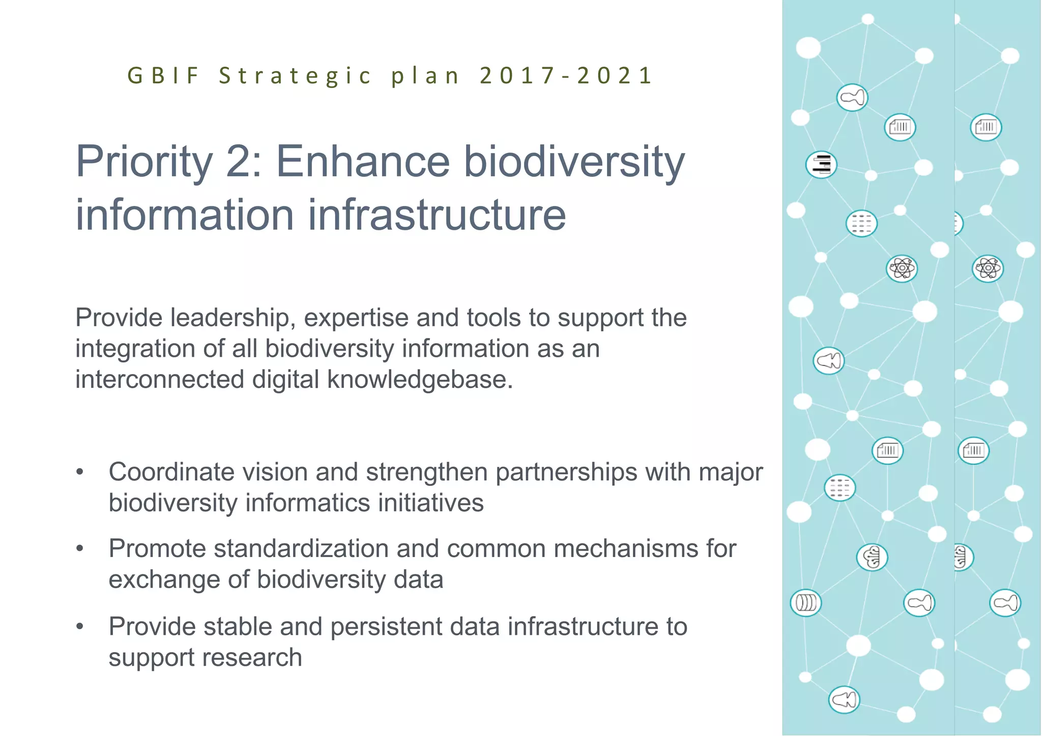 Priority 2: Enhance biodiversity
information infrastructure
Provide leadership, expertise and tools to support the
integration of all biodiversity information as an
interconnected digital knowledgebase.
• Coordinate vision and strengthen partnerships with major
biodiversity informatics initiatives
• Promote standardization and common mechanisms for
exchange of biodiversity data
• Provide stable and persistent data infrastructure to
support research
G B I F S t r a t e g i c p l a n 2 0 1 7 - 2 0 2 1
 
