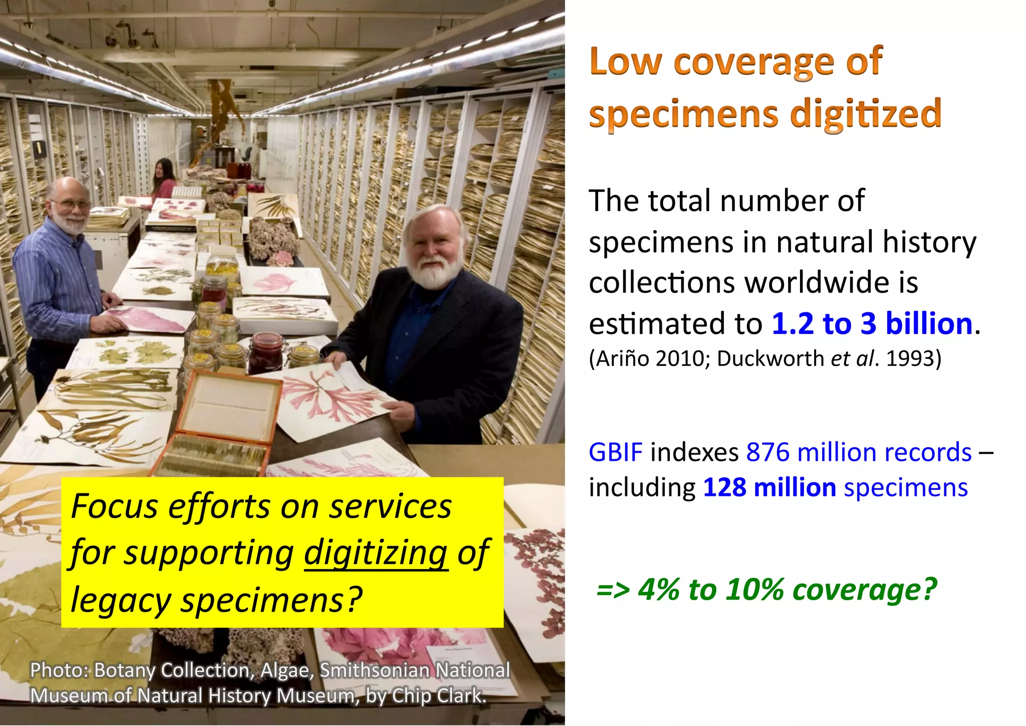 The total number of
specimens in natural history
collec4ons worldwide is
es4mated to 1.2 to 3 billion.
(Ariño 2010; Duckworth et al. 1993)
GBIF indexes 876 million records –
including 128 million specimens
=> 4% to 10% coverage?
Photo: Botany Collection, Algae, Smithsonian National
Museum of Natural History Museum, by Chip Clark.
Focus efforts on services
for supporting digitizing of
legacy specimens?
 