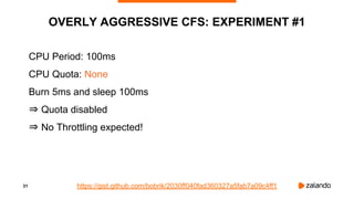 31
OVERLY AGGRESSIVE CFS: EXPERIMENT #1
CPU Period: 100ms
CPU Quota: None
Burn 5ms and sleep 100ms
⇒ Quota disabled
⇒ No Throttling expected!
https://gist.github.com/bobrik/2030ff040fad360327a5fab7a09c4ff1
 