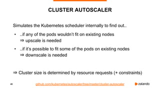 45
CLUSTER AUTOSCALER
Simulates the Kubernetes scheduler internally to find out..
• ..if any of the pods wouldn’t fit on existing nodes
⇒ upscale is needed
• ..if it’s possible to fit some of the pods on existing nodes
⇒ downscale is needed
⇒ Cluster size is determined by resource requests (+ constraints)
github.com/kubernetes/autoscaler/tree/master/cluster-autoscaler
 