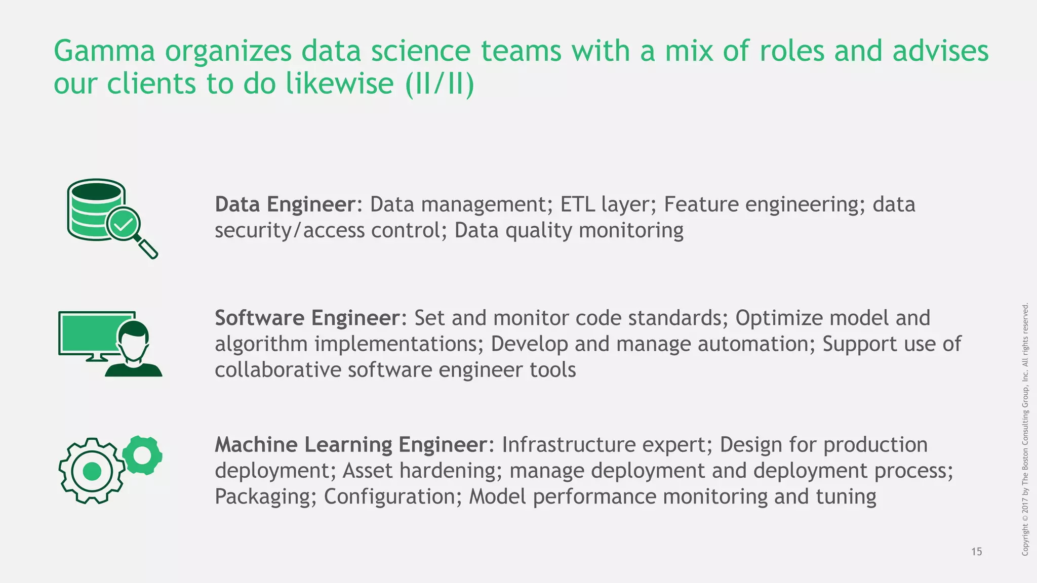 15
Copyright©2017byTheBostonConsultingGroup,Inc.Allrightsreserved.
Gamma organizes data science teams with a mix of roles and advises
our clients to do likewise (II/II)
Software Engineer: Set and monitor code standards; Optimize model and
algorithm implementations; Develop and manage automation; Support use of
collaborative software engineer tools
Machine Learning Engineer: Infrastructure expert; Design for production
deployment; Asset hardening; manage deployment and deployment process;
Packaging; Configuration; Model performance monitoring and tuning
Data Engineer: Data management; ETL layer; Feature engineering; data
security/access control; Data quality monitoring
 
