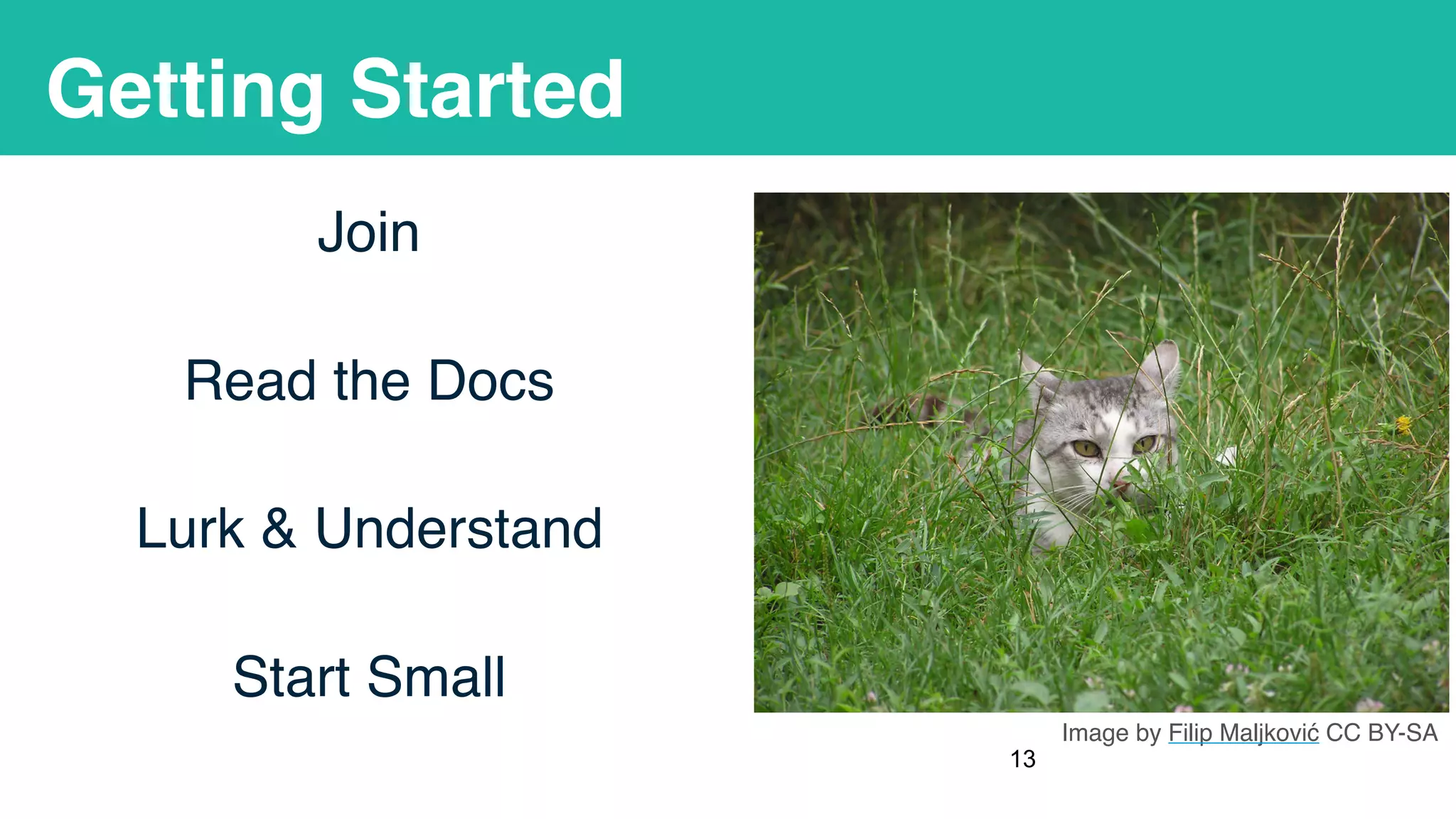 Getting Started
Join
Read the Docs
Lurk & Understand
Start Small
!13
Image by Filip Maljković CC BY-SA
 