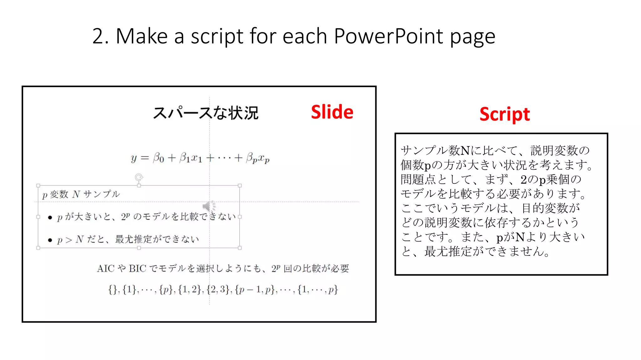 2. Make a script for each PowerPoint page
サンプル数Nに比べて、説明変数の
個数pの方が大きい状況を考えます。
問題点として、まず、2のp乗個の
モデルを比較する必要があります。
ここでいうモデルは、目的変数が
どの説明変数に依存するかという
ことです。また、pがNより大きい
と、最尤推定ができません。
Slide Script
 