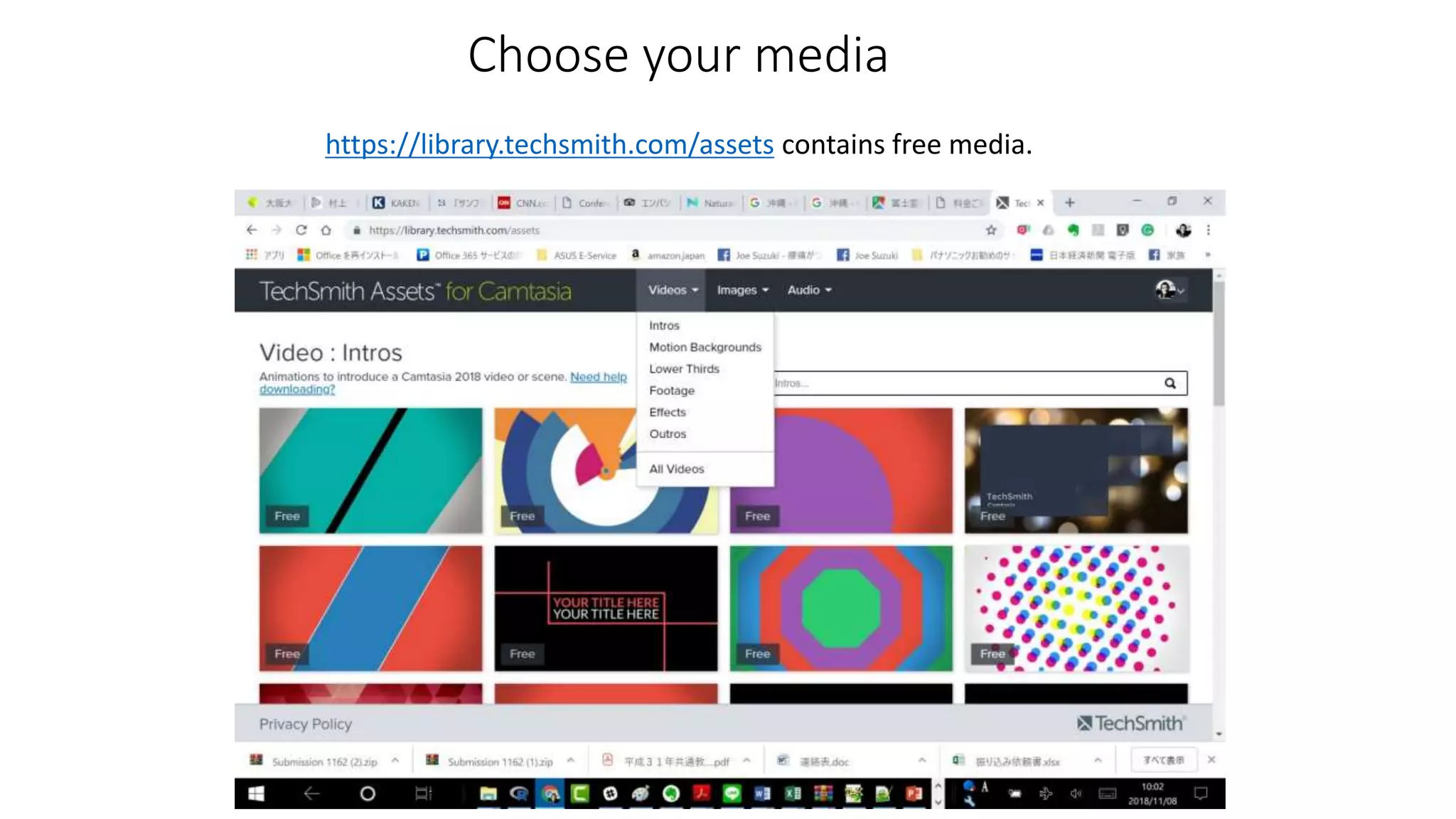 Choose your media
https://library.techsmith.com/assets contains free media.
 