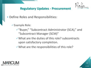 12
0914000N
Regulatory Updates - Procurement
 Define Roles and Responsibilities:
Example Role:
“Buyer,” “Subcontract Administrator (SCA),” and
“Subcontract Manager (SCM)”
What are the duties of this role? subcontracts
upon satisfactory completion.
What are the responsibilities of this role?
12
 