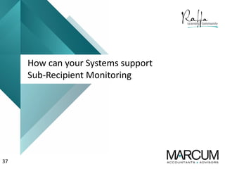 37
How can your Systems support
Sub-Recipient Monitoring
 