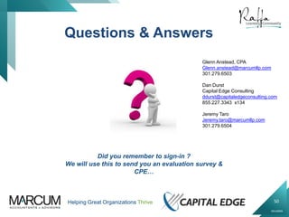 50
0914000N
Helping Great Organizations Thrive
Glenn Anstead, CPA
Glenn.anstead@marcumllp.com
301.279.6503
Dan Durst
Capital Edge Consulting
ddurst@capitaledgeconsulting.com
855.227.3343 x134
Jeremy Taro
Jeremy.taro@marcumllp.com
301.279.6504
Questions & Answers
Did you remember to sign-in ?
We will use this to send you an evaluation survey &
CPE…
 