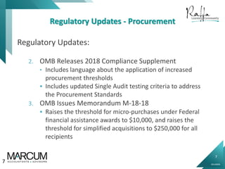 7
0914000N
Regulatory Updates - Procurement
Regulatory Updates:
2. OMB Releases 2018 Compliance Supplement
• Includes language about the application of increased
procurement thresholds
 Includes updated Single Audit testing criteria to address
the Procurement Standards
3. OMB Issues Memorandum M-18-18
 Raises the threshold for micro-purchases under Federal
financial assistance awards to $10,000, and raises the
threshold for simplified acquisitions to $250,000 for all
recipients
7
 