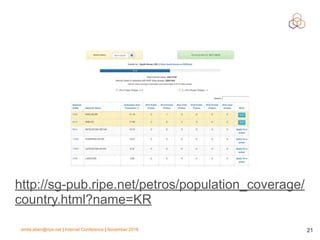 emile.aben@ripe.net | Internet Conference | November 2018 !21
http://sg-pub.ripe.net/petros/population_coverage/
country.html?name=KR
 