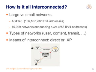 emile.aben@ripe.net | Internet Conference | November 2018 !3
How is it all Interconnected?
• Large vs small networks
- AS4143 (106,187,232 IPv4 addresses)
- 15,099 networks announcing a /24 (256 IPv4 addresses)
• Types of networks (user, content, transit, …)
• Means of interconnect: direct or IXP
 