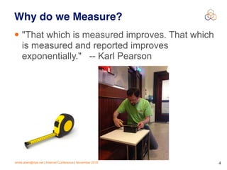 emile.aben@ripe.net | Internet Conference | November 2018 !4
Why do we Measure?
• "That which is measured improves. That which
is measured and reported improves
exponentially." -- Karl Pearson
 