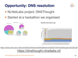 emile.aben@ripe.net | Internet Conference | November 2018 !44
Opportunity: DNS resolution
• NLNetLabs project: DNSThought
• Started at a hackathon we organised
https://dnsthought.nlnetlabs.nl/
https://indico.dns-oarc.net/event/29/contributions/654/attachments/633/1041/dnsthought-oarc29.pdf
 