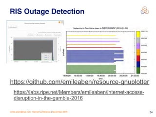 emile.aben@ripe.net | Internet Conference | November 2018 !54
RIS Outage Detection
https://labs.ripe.net/Members/emileaben/internet-access-
disruption-in-the-gambia-2016
https://github.com/emileaben/resource-gnuplotter
 