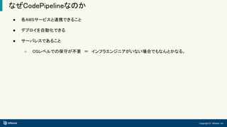 Copyright © bitbank, inc.
なぜCodePipelineなのか
● 各AWSサービスと連携できること
● デプロイを自動化できる
● サーバレスであること
○ OSレベルでの保守が不要　＝　インフラエンジニアがいない場合でもなんとかなる。
 