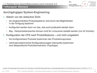 durchgängiges System-Engineering
 Abkehr von der statischen Sicht
 ein eingeschränktes Produktspektrum wird durch die Möglichkeiten
in der Fertigung bestimmt
 konfiguriert werden kann nur das, was auch produziert werden kann
 Bsp.: Heckscheibenwischer können nicht für Limousinen bestellt werden (nur für Kombis)
 Konfiguration der CPS nach Produktfeatures – und nicht umgekehrt
 frei konfigurierbare Produkte bestimmen den Produktionsprozess
 informationstechnische Konfigurationsregeln (Semantik) bestimmen
eine fallspezifische Produktionsstruktur (Topologie)
Fallbeispiel: Siemens
16Prof. Dr. Michael Schaffner | Technische Dokumentation 4.0 | tekom RG Süd-Niedersachsen | Hannover
1.1 Radikal neue Geschäftsprozesse durch Industrie 4.0
22.11.2018
Acatech, Promotorengruppe Kommunikation der Forschungsunion Wirtschaft-Wissenschaft (Hrsg.): Umsetzungsempfehlungen für das Zukunftsprojekt Industrie 4.0, April 2013, S. 37, 77
 