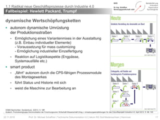 dynamische Wertschöpfungsketten
 autonom dynamische Umrüstung
der Produktionsstraßen
 Ermöglichung eines Variantenmixes in der Ausstattung
(z.B. Einbau individueller Elemente)
- Voraussetzung für mass customizing
- Ermöglichung industrieller Einzelfertigung
 Reaktion auf Logistikaspekte (Engpässe,
Systemausfälle etc.)
 smart product
 „fährt“ autonom durch die CPS-fähigen Prozessmodule
des Montagewerkes
 führt Status und Historie mit sich
 weist die Maschine zur Bearbeitung an
Fallbeispiel: Hewlett Packard, Trumpf
17Prof. Dr. Michael Schaffner | Technische Dokumentation 4.0 | tekom RG Süd-Niedersachsen | Hannover
1.1 Radikal neue Geschäftsprozesse durch Industrie 4.0
22.11.2018
VDMA Nachrichten, Sonderdruck, 3/2013, S. 18ff.
Acatech, Promotorengruppe Kommunikation der Forschungsunion Wirtschaft-Wissenschaft (Hrsg.): Umsetzungsempfehlungen für das Zukunftsprojekt Industrie 4.0, April 2013, S. 68, 105
 