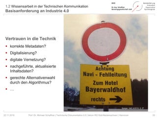 1.2 Wissensarbeit in der Technischen Kommunikation
Basisanforderung an Industrie 4.0
33Prof. Dr. Michael Schaffner | Technische Dokumentation 4.0 | tekom RG Süd-Niedersachsen | Hannover
Vertrauen in die Technik
 korrekte Metadaten?
 Digitalisierung?
 digitale Vernetzung?
 nachgeführte, aktualisierte
Inhaltsdaten?
 gerechte Alternativenwahl
durch den Algorithmus?
 …
22.11.2018
Spiegel, Heft 14/2016, S. 27
 