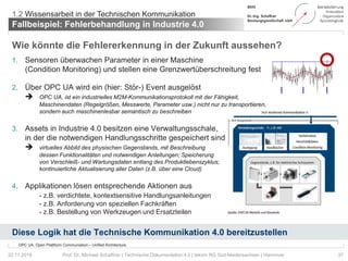 Wie könnte die Fehlererkennung in der Zukunft aussehen?
1. Sensoren überwachen Parameter in einer Maschine
(Condition Monitoring) und stellen eine Grenzwertüberschreitung fest
2. Über OPC UA wird ein (hier: Stör-) Event ausgelöst
 OPC UA, ist ein industrielles M2M-Kommunikationsprotokoll mit der Fähigkeit,
Maschinendaten (Regelgrößen, Messwerte, Parameter usw.) nicht nur zu transportieren,
sondern auch maschinenlesbar semantisch zu beschreiben
3. Assets in Industrie 4.0 besitzen eine Verwaltungsschale,
in der die notwendigen Handlungsschritte gespeichert sind
 virtuelles Abbild des physischen Gegenstands, mit Beschreibung
dessen Funktionalitäten und notwendigen Anleitungen; Speicherung
von Verschleiß- und Wartungsdaten entlang des Produktlebenszyklus;
kontinuierliche Aktualisierung aller Daten (z.B. über eine Cloud)
4. Applikationen lösen entsprechende Aktionen aus
- z.B. verdichtete, kontextsensitive Handlungsanleitungen
- z.B. Anforderung von speziellen Fachkräften
- z.B. Bestellung von Werkzeugen und Ersatzteilen
Diese Logik hat die Technische Kommunikation 4.0 bereitzustellen
Fallbeispiel: Fehlerbehandlung in Industrie 4.0
37Prof. Dr. Michael Schaffner | Technische Dokumentation 4.0 | tekom RG Süd-Niedersachsen | Hannover
1.2 Wissensarbeit in der Technischen Kommunikation
22.11.2018
OPC UA. Open Plattform Communiation – Unified Architecture
 
