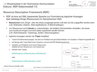 1.2 Wissensarbeit in der Technischen Kommunikation
Exkurs: RDF-Datenmodell 1/3
51Prof. Dr. Michael Schaffner | Technische Dokumentation 4.0 | tekom RG Süd-Niedersachsen | Hannover
Resource Description Framework (RDF)
 RDF ist eine auf XML basierende Sprache zur Formulierung logischer Aussagen
über beliebige Dinge (Ressourcen) im Semantischen Web
 Ressourcen sind „Dinge“, über die etwas ausgesagt werden soll oder auf die zugegriffen werden kann
(z.B. Webseiten, Dateien, Web-Applikationen, E-Mail-Empfänger)
 von Ressourcen sind Literale zu unterscheiden, die lediglich Zeichenketten darstellen, die etwas
zum Ausdruck bringen und nicht weiter spezifiziert werden können
(z.B. Wahrheitswerte, Textstrings, Zahlen, Datumsangaben)
 logische Aussagen werden als Tripel modelliert
o Tripel sind Elementaraussagen, die über ein Prädikat eine gerichtete Relation von Subjekt zu Objekt hergestellt wird
o die Menge aller Tripel bildet einen Graphen und wird als RDF-Modell bezeichnet
o Subjekte und Prädikate sind immer Ressourcen,
Objekte können Ressourcen und Literale sein
o Gestalt eines Tripels:
([URI(Subject)], [URI(predicate)], [URI(Object)])
oder
([URI(Subject)], [URI(predicate)], Literal)
22.11.2018
Abb.: Dacota, M.: The Semantic Web; Wiley 2003, S. 88
Uniform Resource Identifier (URI)
 