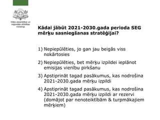 Kādai jābūt 2021-2030.gada perioda SEG
mērķu sasniegšanas stratēģijai?
1) Nepiepūlēties, jo gan jau beigās viss
nokārtosies
2) Nepiepūlēties, bet mērķu izpildei ieplānot
emisijas vienību pirkšanu
3) Apstiprināt tagad pasākumus, kas nodrošina
2021-2030.gada mērķu izpildi
4) Apstiprināt tagad pasākumus, kas nodrošina
2021-2030.gada mērķu izpildi ar rezervi
(domājot par nenoteiktībām & turpmākajiem
mērķiem)
 