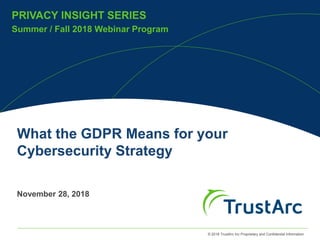 © 2018 TrustArc Inc Proprietary and Confidential Information
PRIVACY INSIGHT SERIES
Summer / Fall 2018 Webinar Program
PRIVACY INSIGHT SERIES
What the GDPR Means for your
Cybersecurity Strategy
November 28, 2018
 