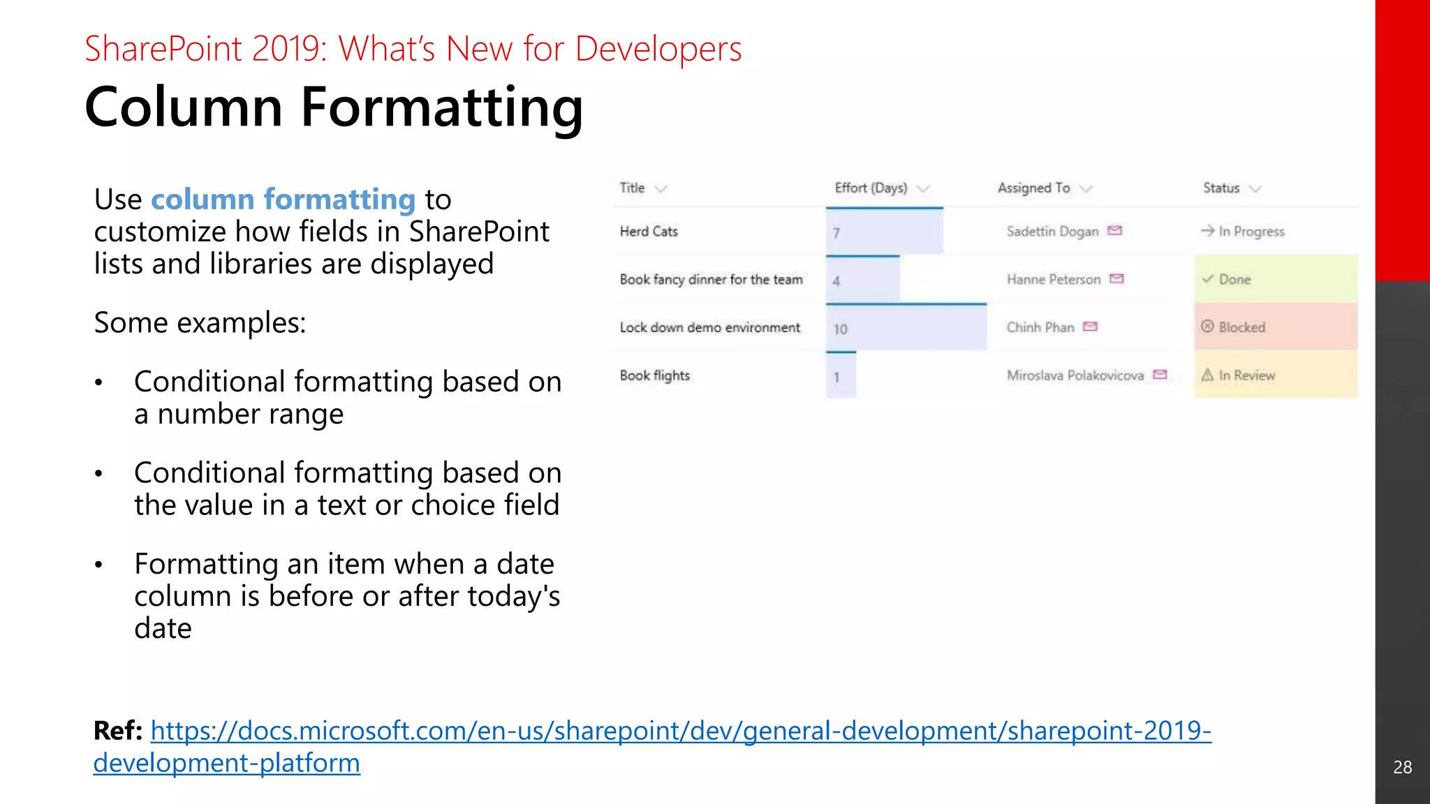 28
Column Formatting
SharePoint 2019: What’s New for Developers
Use column formatting to
customize how fields in SharePoint
lists and libraries are displayed
Some examples:
• Conditional formatting based on
a number range
• Conditional formatting based on
the value in a text or choice field
• Formatting an item when a date
column is before or after today's
date
Ref: https://docs.microsoft.com/en-us/sharepoint/dev/general-development/sharepoint-2019-
development-platform
 