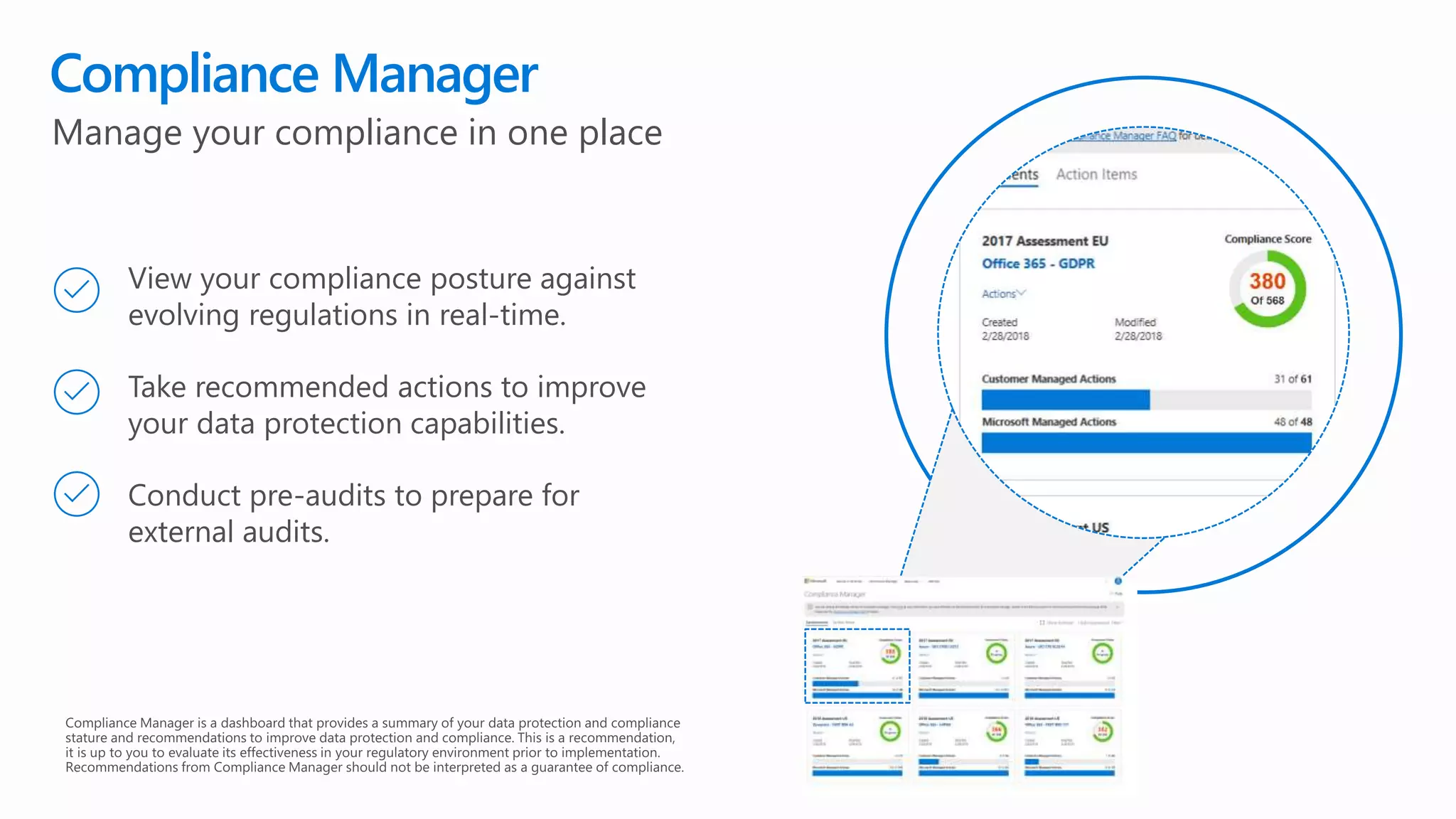 Compliance Manager
View your compliance posture against
evolving regulations in real-time.
Take recommended actions to improve
your data protection capabilities.
Conduct pre-audits to prepare for
external audits.
Manage your compliance in one place
 