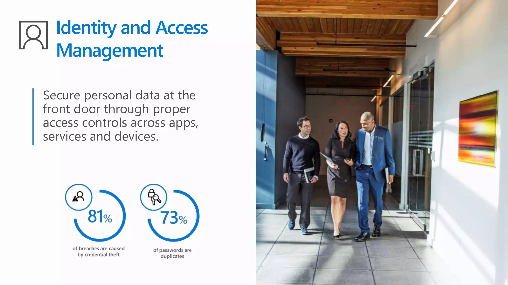 Secure personal data at the
front door through proper
access controls across apps,
services and devices.
Identity and Access
Management
 