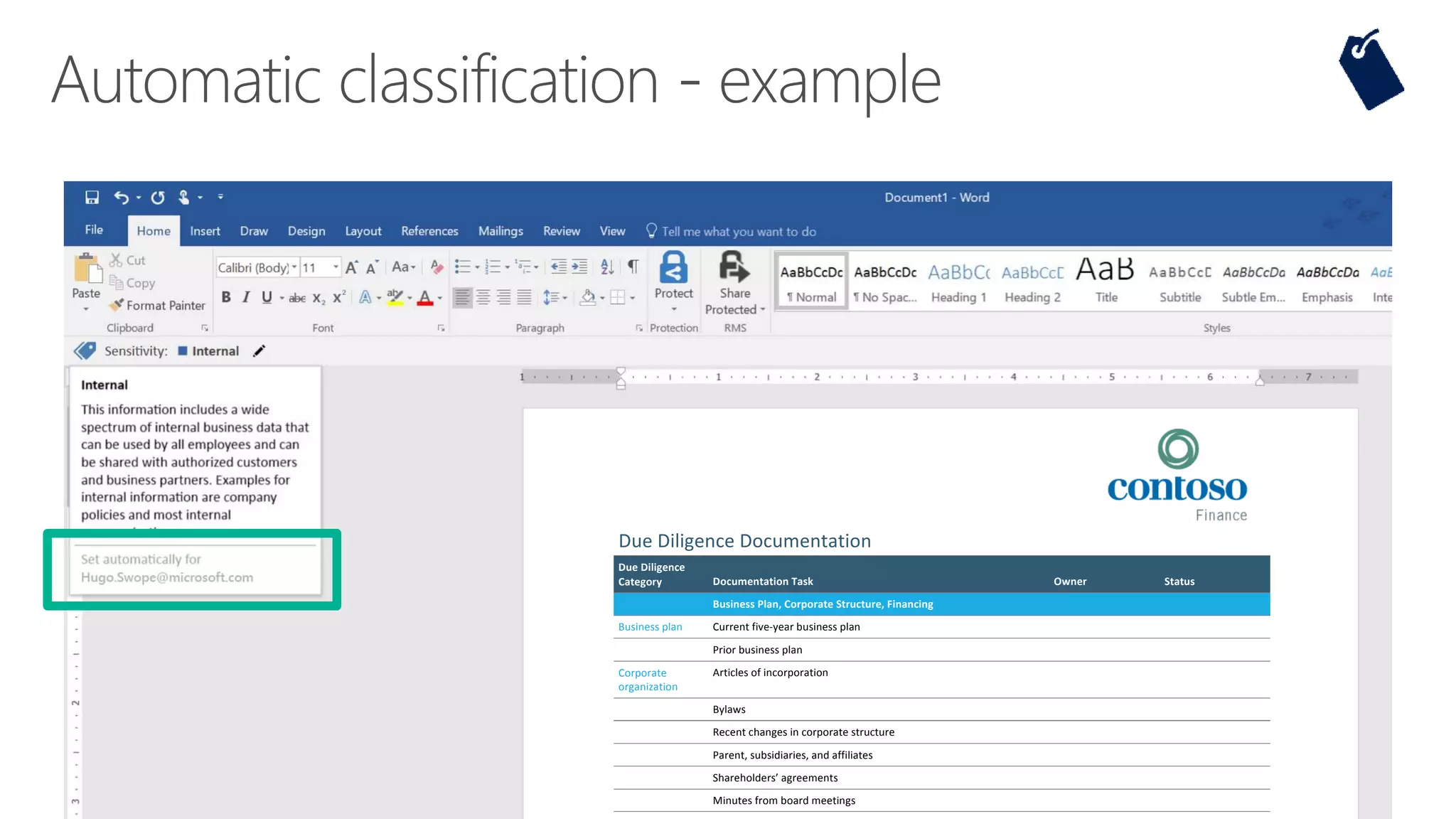 Due Diligence Documentation
Due Diligence
Category Documentation Task Owner Status
Business Plan, Corporate Structure, Financing
Business plan Current five-year business plan
Prior business plan
Corporate
organization
Articles of incorporation
Bylaws
Recent changes in corporate structure
Parent, subsidiaries, and affiliates
Shareholders’ agreements
Minutes from board meetings
 
