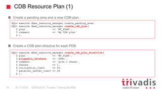 Create a pending area and a new CDB plan
Create a CDB plan directive for each PDB
CDB Resource Plan (1)
SQL> execute dbms_...