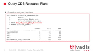 Query CDB Resource Plans
SQL> SELECT pluggable_database pdb,
2 shares,
3 utilization_limit util,
4 parallel_server_limit p...