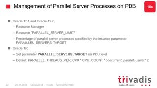 Management of Parallel Server Processes on PDB
Oracle 12.1 and Oracle 12.2
– Resource Manager
– Resource "PARALLEL_SERVER_...
