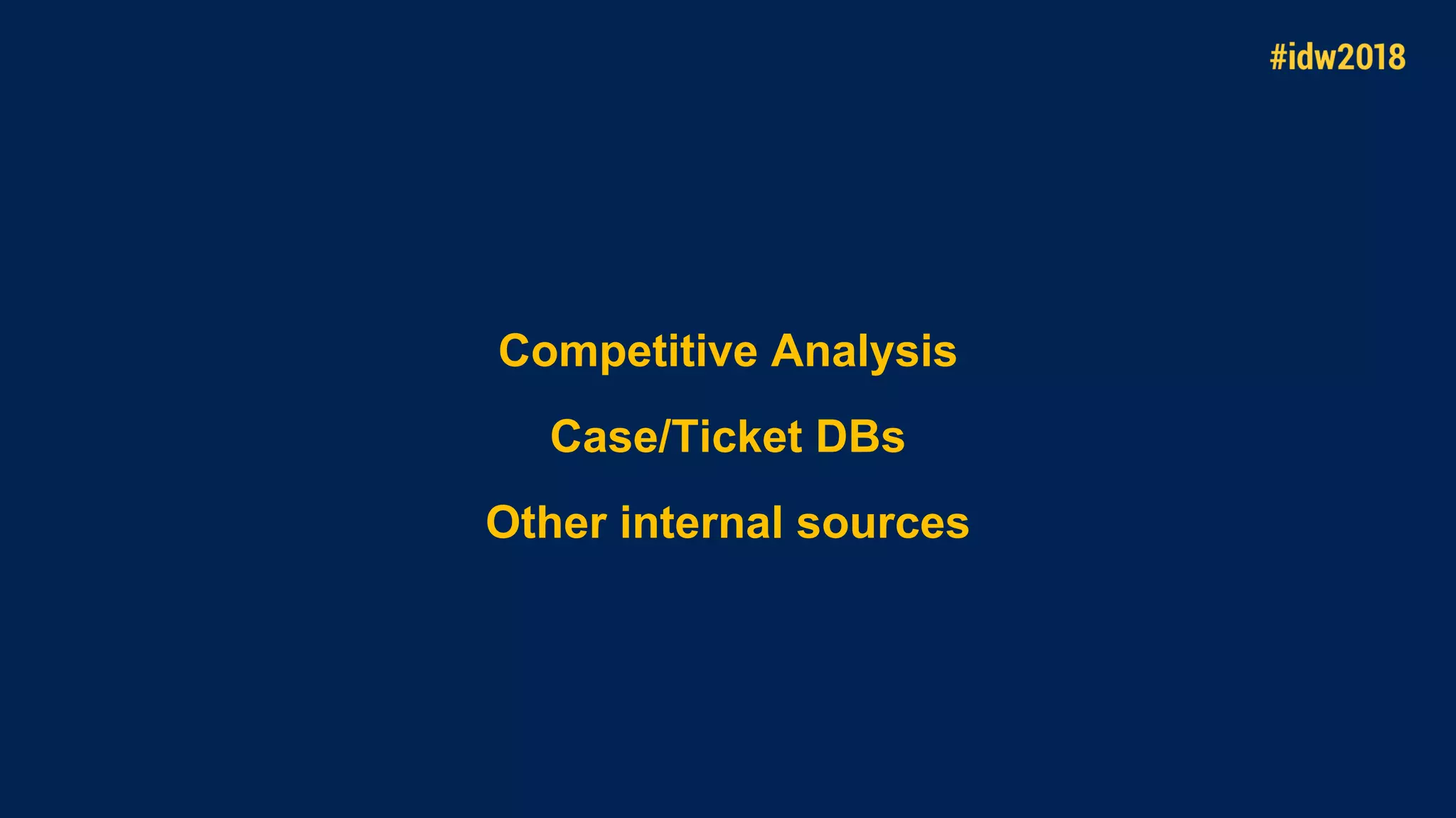 Competitive Analysis
Case/Ticket DBs
Other internal sources
 