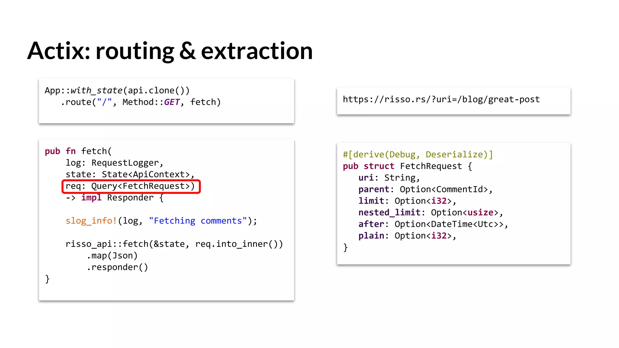 Actix: routing & extraction
App::with_state(api.clone())
.route("/", Method::GET, fetch)
pub fn fetch(
log: RequestLogger,
state: State<ApiContext>,
req: Query<FetchRequest>)
-> impl Responder {
slog_info!(log, "Fetching comments");
risso_api::fetch(&state, req.into_inner())
.map(Json)
.responder()
}
#[derive(Debug, Deserialize)]
pub struct FetchRequest {
uri: String,
parent: Option<CommentId>,
limit: Option<i32>,
nested_limit: Option<usize>,
after: Option<DateTime<Utc>>,
plain: Option<i32>,
}
https://risso.rs/?uri=/blog/great-post
 