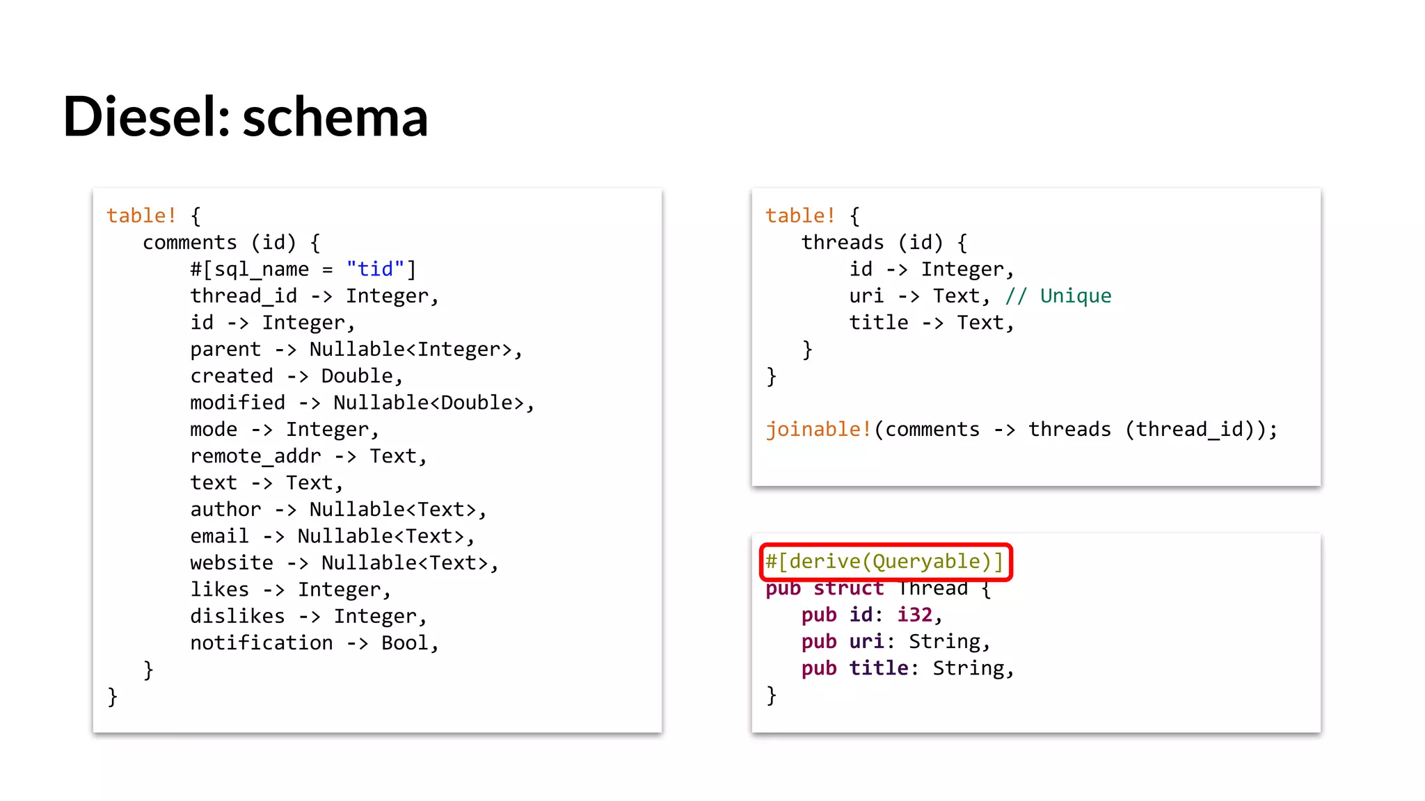 Diesel: schema
table! {
comments (id) {
#[sql_name = "tid"]
thread_id -> Integer,
id -> Integer,
parent -> Nullable<Integer>,
created -> Double,
modified -> Nullable<Double>,
mode -> Integer,
remote_addr -> Text,
text -> Text,
author -> Nullable<Text>,
email -> Nullable<Text>,
website -> Nullable<Text>,
likes -> Integer,
dislikes -> Integer,
notification -> Bool,
}
}
table! {
threads (id) {
id -> Integer,
uri -> Text, // Unique
title -> Text,
}
}
joinable!(comments -> threads (thread_id));
#[derive(Queryable)]
pub struct Thread {
pub id: i32,
pub uri: String,
pub title: String,
}
 